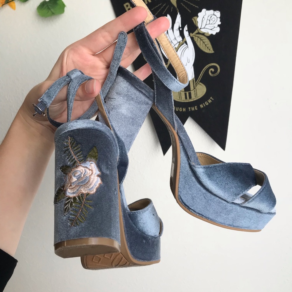 Blue Velvet Heels with Embroidered Flower on Heel